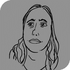 Ilustração de Ana Cristina Rodrigues, à esquerda da bio. Ela é representada em traços simples, com cabelos na altura dos ombros e uma expressão séria.