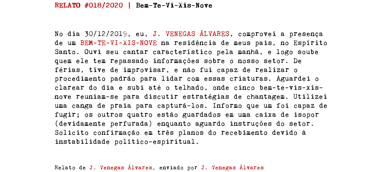 RELATO #018/2020 | Bem-Te-Vi-Xis-Nove No dia 30/12/2019, eu, J. VENEGAS ÁLVARES, comprovei a presença de um BEM-TE-VI-XIS-NOVE na residência de meus pais, no Espírito Santo. Ouvi seu cantar característico pela manhã, e logo soube quem ele tem repassado informações sobre o nosso setor. De férias, tive de improvisar, e não fui capaz de realizar o procedimento padrão para lidar com essas criaturas. Aguardei o clarear do dia e subi até o telhado, onde cinco bem-te-vis-xis-nove reuniam-se para discutir estratégias de chantagem. Utilizei uma canga de praia para capturá-los. Informo que um foi capaz de fugir; os outros quatro estão guardados em uma caixa de isopor (devidamente perfurada) enquanto aguardo instruções do setor. Solicito confirmação em três planos do recebimento devido à instabilidade político-espiritual. Relato de J. Venegas Álvares, enviado por J. Venegas Álvares