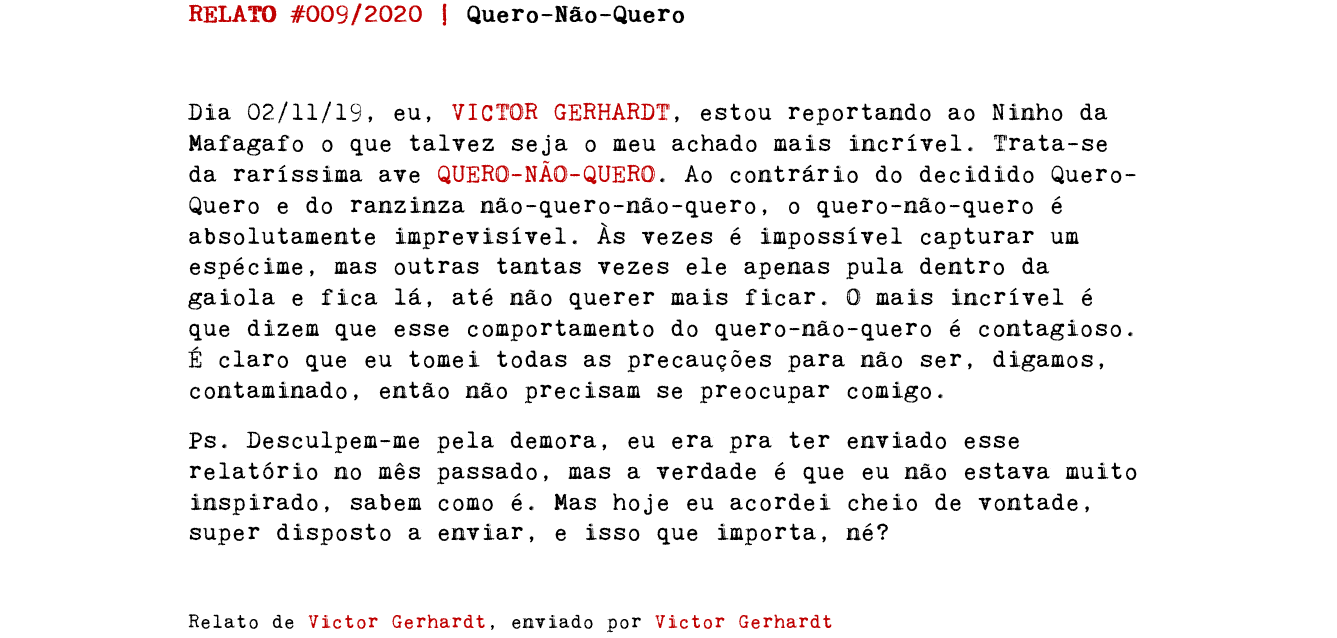 RELATO #009/2020 | Quero-Não-Quero Dia 02/11/19, eu, VICTOR GERHARDT, estou reportando ao Ninho da Mafagafo o que talvez seja o meu achado mais incrível. Trata-se da raríssima ave QUERO-NÃO-QUERO. Ao contrário do decidido Quero-Quero e do ranzinza não-quero-não-quero, o quero-não-quero é absolutamente imprevisível. Às vezes é impossível capturar um espécime, mas outras tantas vezes ele apenas pula dentro da gaiola e fica lá, até não querer mais ficar. O mais incrível é que dizem que esse comportamento do quero-não-quero é contagioso. É claro que eu tomei todas as precauções para não ser, digamos, contaminado, então não precisam se preocupar comigo. Ps. Desculpem-me pela demora, eu era pra ter enviado esse relatório no mês passado, mas a verdade é que eu não estava muito inspirado, sabem como é. Mas hoje eu acordei cheio de vontade, super disposto a enviar, e isso que importa, né? Relato de Victor Gerhardt, enviado por Victor Gerhardt