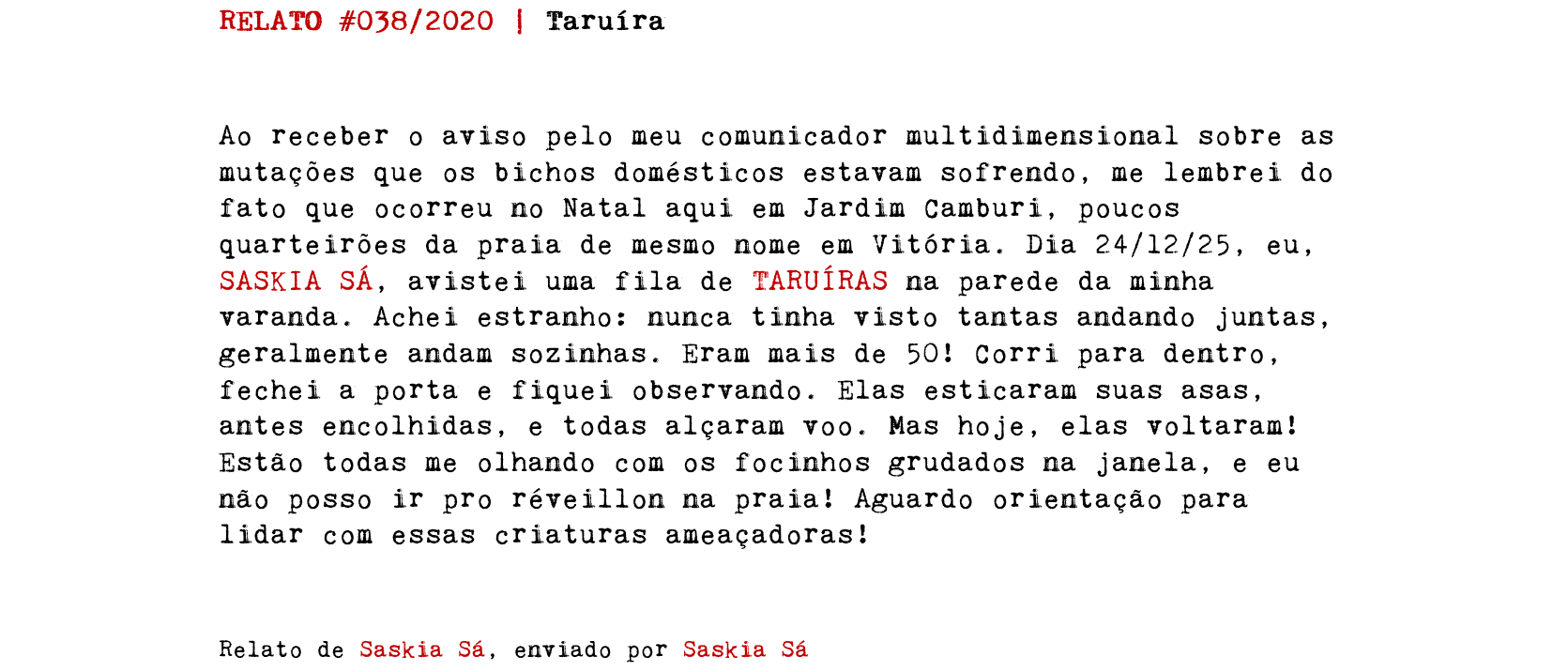 RELATO #038/2020 | Taruíra Ao receber o aviso pelo meu comunicador multidimensional sobre as mutações que os bichos domésticos estavam sofrendo, me lembrei do fato que ocorreu no Natal aqui em Jardim Camburi, poucos quarteirões da praia de mesmo nome em Vitória. Dia 24/12/25, eu, SASKIA SÁ, avistei uma fila de TARUÍRAS na parede da minha varanda. Achei estranho: nunca tinha visto tantas andando juntas, geralmente andam sozinhas. Eram mais de 50! Corri para dentro, fechei a porta e fiquei observando. Elas esticaram suas asas, antes encolhidas, e todas alçaram voo. Mas hoje, elas voltaram! Estão todas me olhando com os focinhos grudados na janela, e eu não posso ir pro réveillon na praia! Aguardo orientação para lidar com essas criaturas ameaçadoras! Relato de Saskia Sá, enviado por Saskia Sá