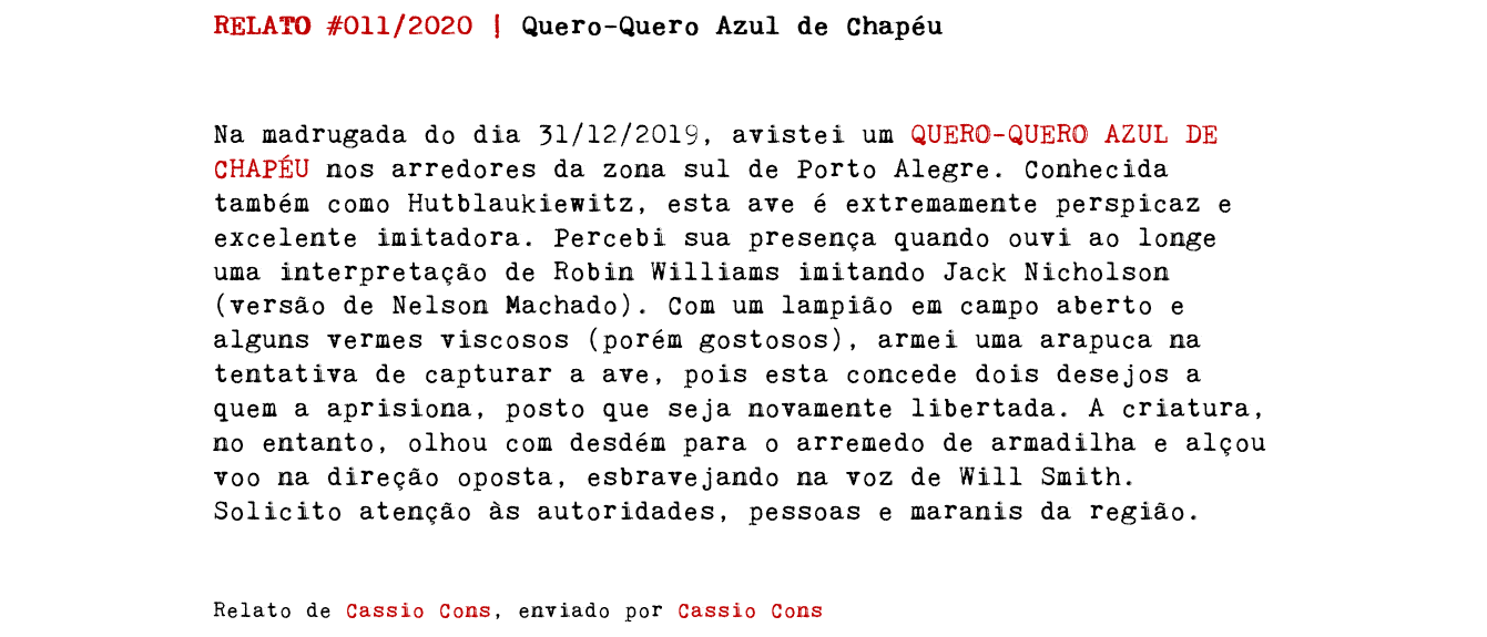 RELATO #011/2020 | Quero-Quero Azul de Chapéu Na madrugada do dia 31/12/2019, avistei um QUERO-QUERO AZUL DE CHAPÉU nos arredores da zona sul de Porto Alegre. Conhecida também como Hutblaukiewitz, esta ave é extremamente perspicaz e excelente imitadora. Percebi sua presença quando ouvi ao longe uma interpretação de Robin Williams imitando Jack Nicholson (versão de Nelson Machado). Com um lampião em campo aberto e alguns vermes viscosos (porém gostosos), armei uma arapuca na tentativa de capturar a ave, pois esta concede dois desejos a quem a aprisiona, posto que seja novamente libertada. A criatura, no entanto, olhou com desdém para o arremedo de armadilha e alçou voo na direção oposta, esbravejando na voz de Will Smith. Solicito atenção às autoridades, pessoas e maranis da região. Relato de Cassion Cons, enviado por Cassion Cons