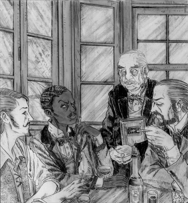 A imagem em preto e branco, com os traços do lápis nítido, mostra quatro pessoas em uma mesa: três são homens brancos, com aparência de serem de meia idade ou idosos. A quarta é a pessoa da capa, de pele negra clara, cabelo encaracolado, bigode e roupa social. Eles estão conversando enquanto bebem vinho.