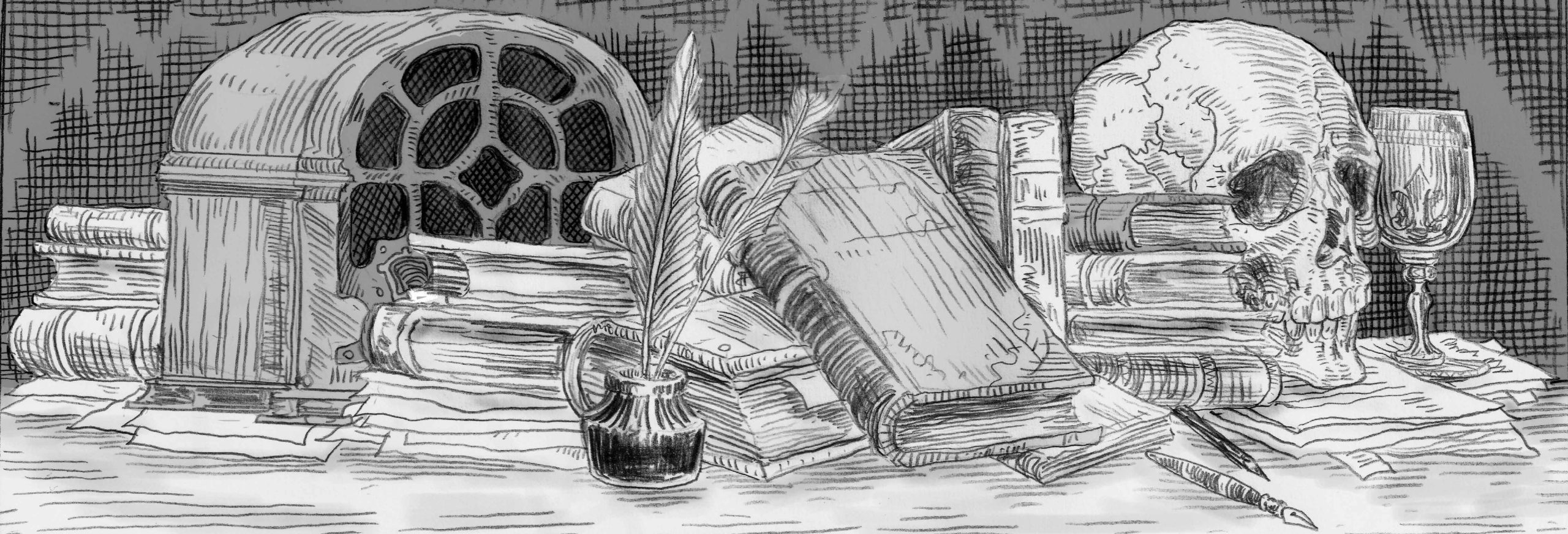 A imagem em preto e branco, com os traços do lápis nítido, mostra uma mesa com alguns objetos em cima: um rádio antigo, livros e papéis, um pote de nanquin com penas e, à direita, um crânio humano ao lado de uma taça adornada.
