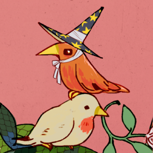 A ilustração quadrada mostra dois passarinhos: um amarelinho, com um ramo verde na boca, e outro laranja, com um chapeuzinho de bruxa. Eles estão contra um fundo meio rosa.