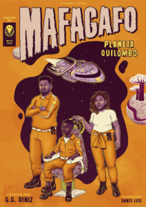 A capa, cujos tons predominantes é o laranja forte e um roxo bem queimado, tem, no centro, uma ilustração composta por três personagens e uma nave especial em um fundo de estrelas em forma de mancha. O personagem da esquerda é uma homem robusto, de braços cruzados, pele negra, barba e cabelo de comprimento médio e cachos pequenos. O do meio é magro, está sentado em uma cadeira, tem pele negra escura, cabelo curto e está olhando para o lado, com os dois braços no apoio da cadeira. A personagem da direita também é robusta, de pele negra, cabelo cacheado na altura do ombro. Todos usam o mesmo macacão laranja e coturnos pretos, sendo que a personagem da direita está com a parte de cima de ela amarrada na cintura. No topo da capa, o título da revista MAFAGAFO e, logo abaixo, o nome da obra, Planeta Quilombo. Na base da capa, as informações escrito por G. G. Diniz e edição por Dante Luiz. Sobre o título, ilustração de DaPenha. No canto superior esquerdo, a data maio de 2022, temporada 005.