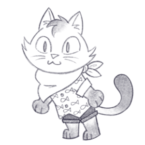 A ilustração quadrada, em preto e branco, mostra o desenho de um gatinho bem fofo, antropomorfizado, com uma camisa com padrão de peixinhos e um lencinho no pescoço.