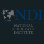 O logo é um globo em cinza com as letras NDI em azul. Embaixo, está escrito National Democratic Institute.