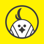 O logo da faísca tem um fundo amarelo e, no meio, dentro de um círculo, um passarinho com um topetinho, branco e cinza.