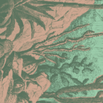 A ilustração, em tons pasteis de vermelho e verde, mostra um cenário meio desértico, com alguns cacos e suculentas. A imagem está virada noventa graus no sentido horário, de forma que o chão está virado para o lado esquerdo.