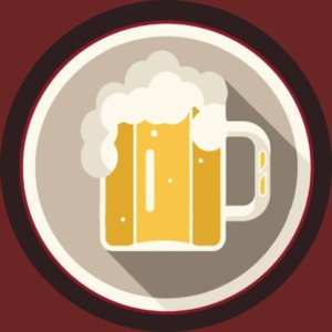 O logo da taverna é um círculo bege com um fundo vinho e uma garrafa de cerveja cheia e transbordando espuma,