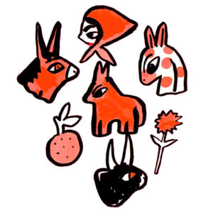A ilustração tem um fundo branco com sete desenhos pictográficos simples em tons de vermelho e preto. A cabeça de um burro vermelho, uma menina com uma touquinha vermelha, um cavalo branco com pintas vermelhas, um cachorro vermelho, uma fruta, uma flor e um touro preto.